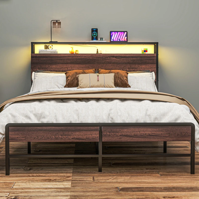 HOMCOM Full Size Bed Frame with LED Lights and Charging Station, Full Bed Frame with Storage Headboard, Noise-Free, Walnut