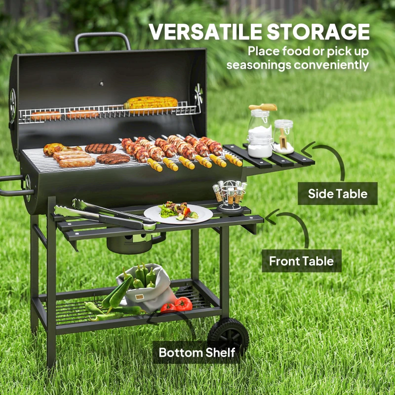 Outsunny 29" Charcoal BBQ Grill Barbecue Grill with Foldable Front Side Table, Spacious Cooking Area, Shelf, Black