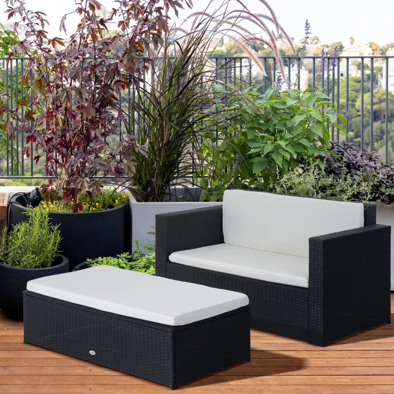 Outsunny 2 Pieces Wicker Patio Furniture Set with Double Ottoman, Outdoor PE Rattan Conversation Set with Loveseat and Two Seat Ottoman, Cream White