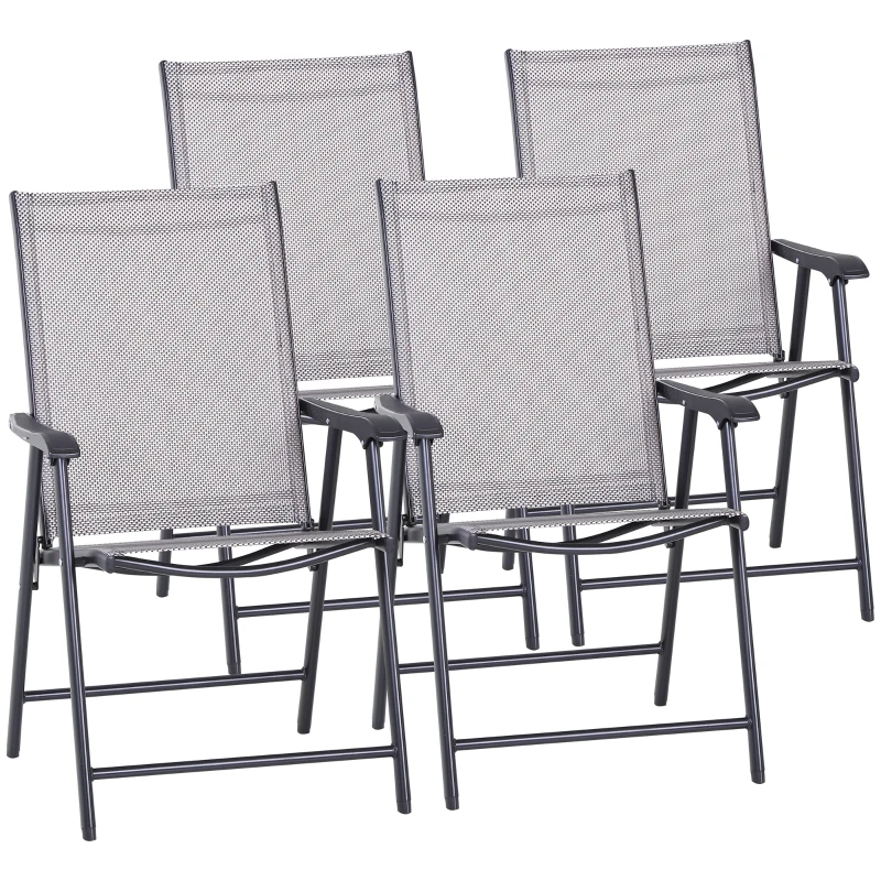 Outsunny Set of 4 Outdoor Folding Chairs, Stackable Patio Dining Chairs with Armrests, Metal Frame, Gray