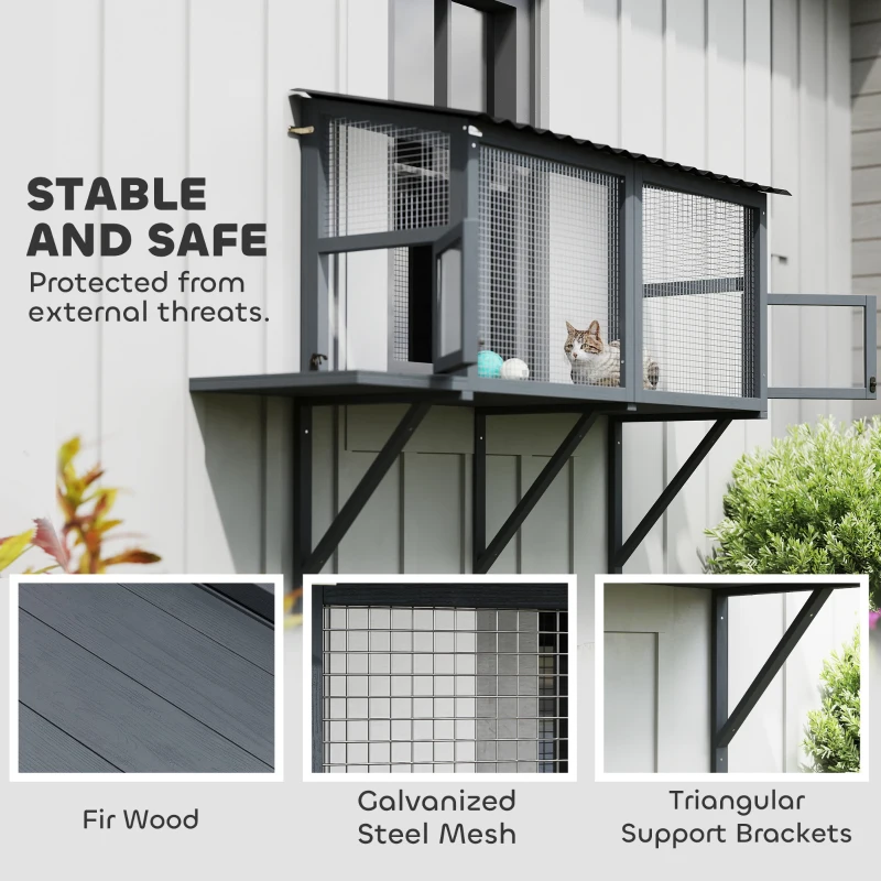 PawHut Wooden Cat Catio, Outdoor Cat Enclosure Window Perch with Jumping Platform, for Safely Enjoying Outdoor Sights, Gray