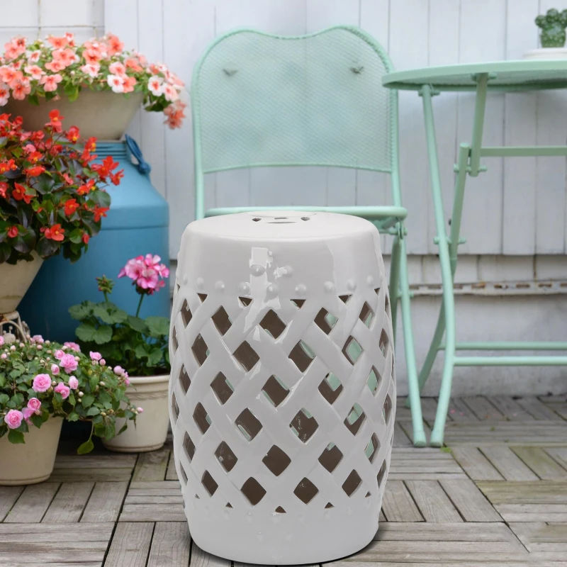 Outsunny 13" x 18" Ceramic Garden Stool with Woven Lattice Design & Glazed Strong Materials Decorative Outdoor Stool, White