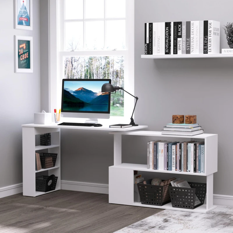 HOMCOM L Shaped Desk, Corner Computer Desk, 360 Degree Rotating Home Office Desk with Storage Shelves, Writing Table Workstation, White