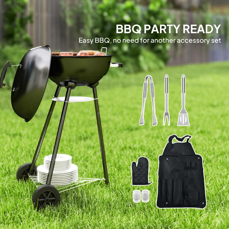 Outsunny 17" Kettle Charcoal BBQ Grill with BBQ Accessories, Barbecue Grill with Shelf, Ash Catcher, Wheels, Handles for Outdoor Cooking, Patio Backyard Party, Black