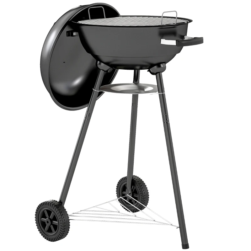 Outsunny 17" Kettle Charcoal BBQ Grill with BBQ Accessories, Barbecue Grill with Shelf, Ash Catcher, Wheels, Handles for Outdoor Cooking, Patio Backyard Party, Black
