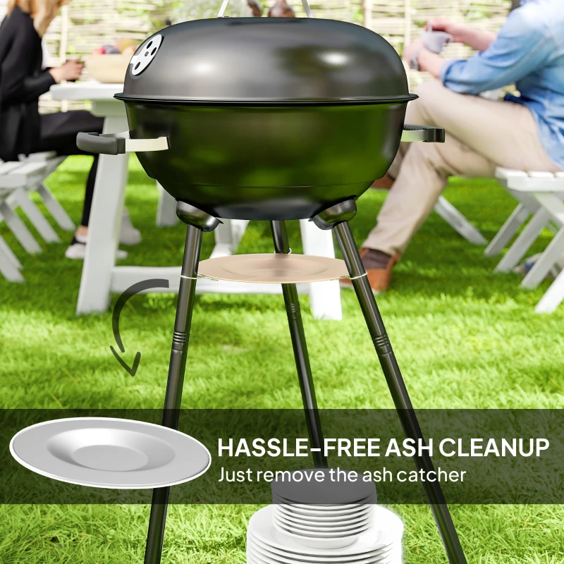 Outsunny 17" Kettle Charcoal BBQ Grill with BBQ Accessories, Barbecue Grill with Shelf, Ash Catcher, Wheels, Handles for Outdoor Cooking, Patio Backyard Party, Black