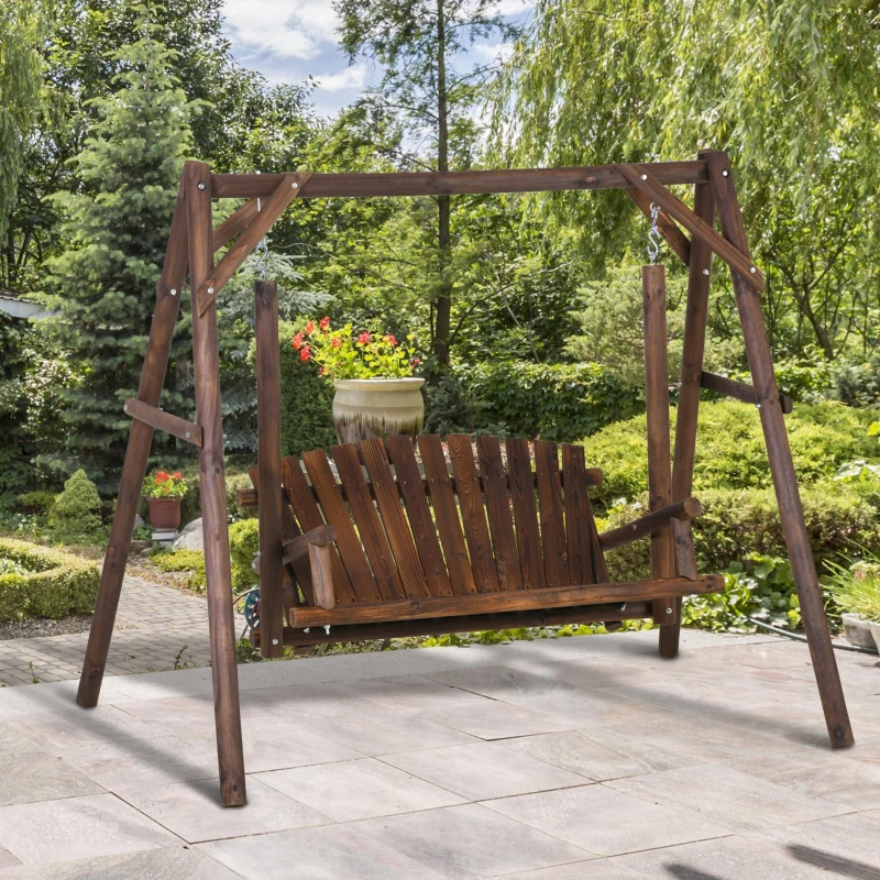 Outsunny Freestanding 6.5' Wooden Loveseat Traditional Farmhouse Style Log Swing Carbonized