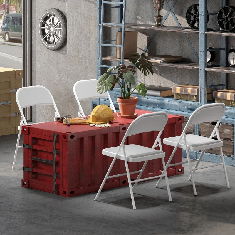 HOMCOM Set of 4 Metal Foldable Chairs, Corduroy Padded Folding Chairs with Cushion Seat and Open Back for Indoor, White