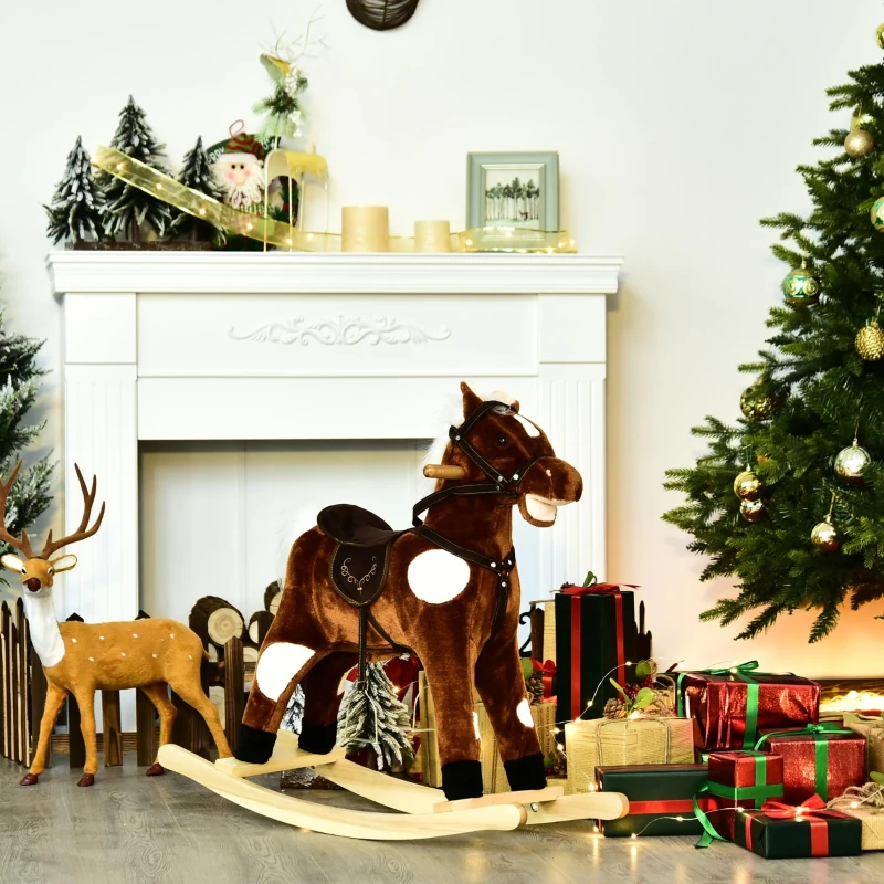 Qaba Kids Metal Plush Ride-On Rocking Horse Chair Toy With Nursery Rhyme Music - Dark Brown