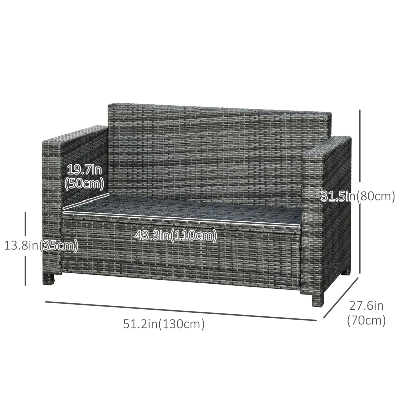 Outsunny 2 Seat Patio Loveseat Deluxe Wicker Sofa Chair Outdoor Rattan Furniture Couch All Weather with Cushion for Balcony, Deck, Garden and Poolside, Grey