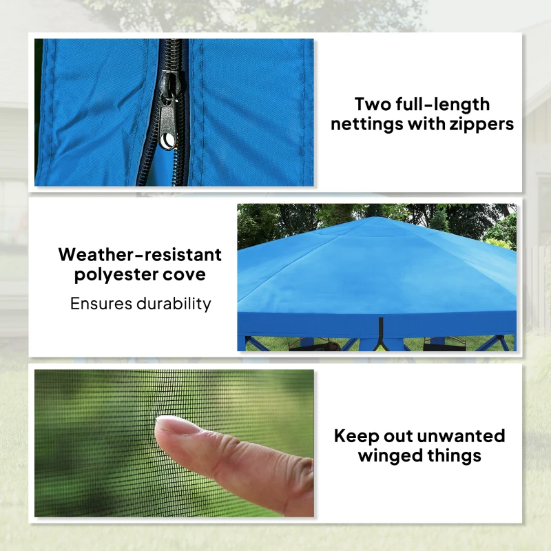 Outsunny 12' x 12' Hexagon Automatic Pop Up Screen Tents, Camping Shelter w/ Mesh Sidewalls and Carry Bag Blue