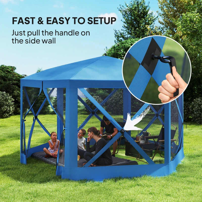 Outsunny 12' x 12' Hexagon Automatic Pop Up Screen Tents, Camping Shelter w/ Mesh Sidewalls and Carry Bag Blue