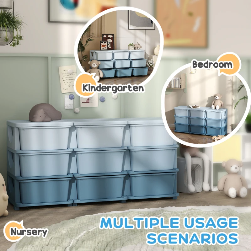 Qaba 3 Tier Kids Toy Organizer and Storage Bins with 9 Plastic Drawers, Blue