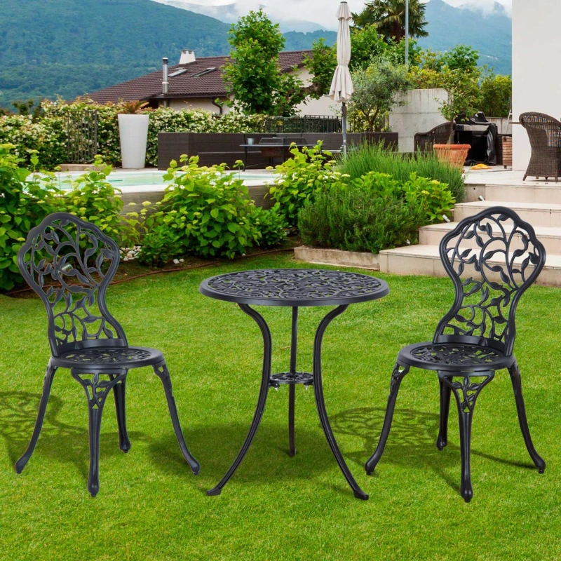 Outsunny 3 Pieces Bistro Set, Patio Table and Chairs with Cast Aluminum Frame for Garden, Balcony, Porch, Black