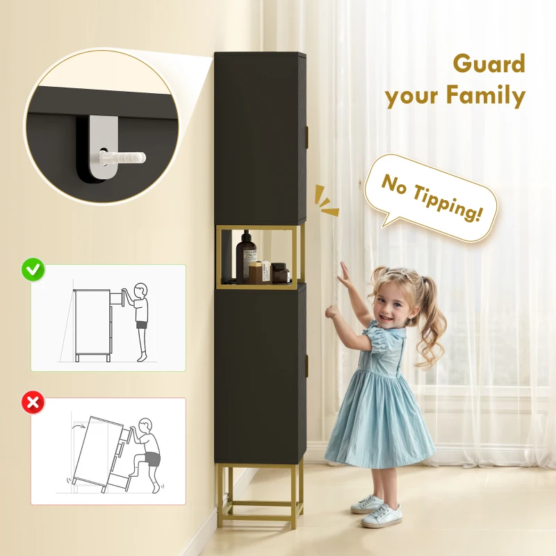 kleankin Tall Bathroom Storage Cabinet, Modern Narrow Bathroom Cabinet with Diamond Chevron Pattern and Adjustable Shelf, Black