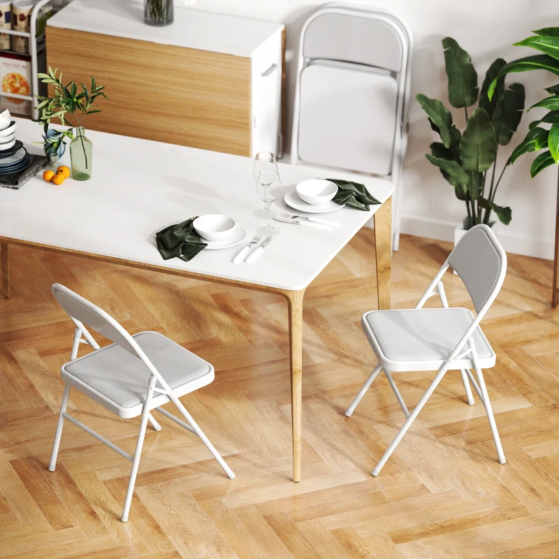 HOMCOM Set of 4 Metal Foldable Chairs, Corduroy Padded Folding Chairs with Cushion Seat and Open Back for Indoor, White