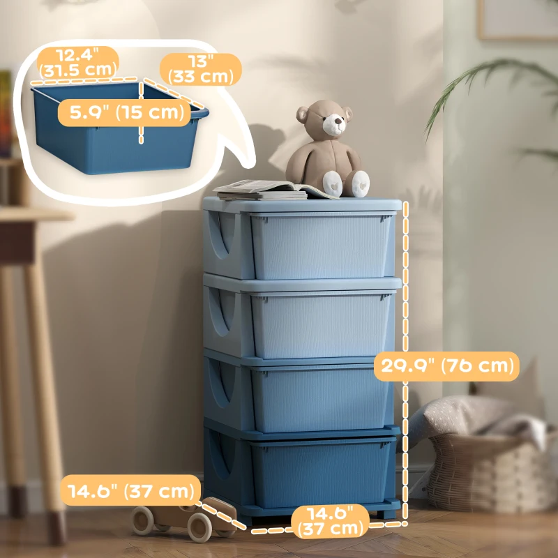 Qaba 4 Tier Kids Toy Organizer and Storage Bins with 4 Plastic Drawers, Blue