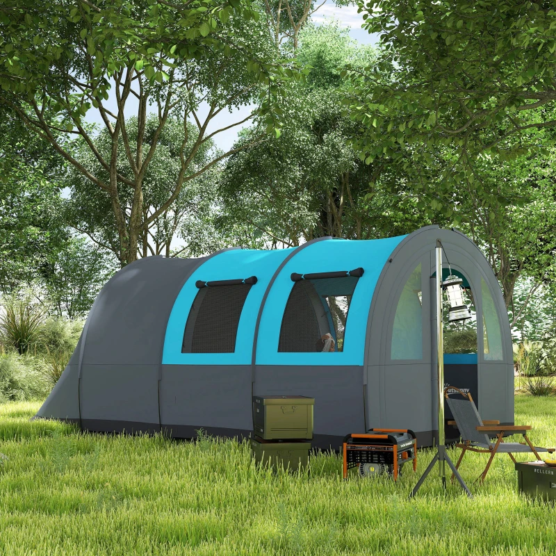 Outsunny 5-6 Person Camping Tent with Living Room and Bedroom, 3000mm Waterproof Tunnel Large Family Tent, Grey and Blue