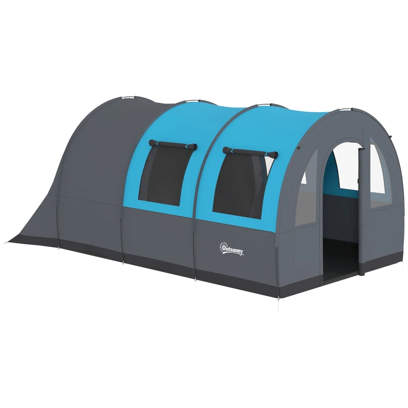 Outsunny 5-6 Person Camping Tent with Living Room and Bedroom, 3000mm Waterproof Tunnel Large Family Tent, Grey and Blue