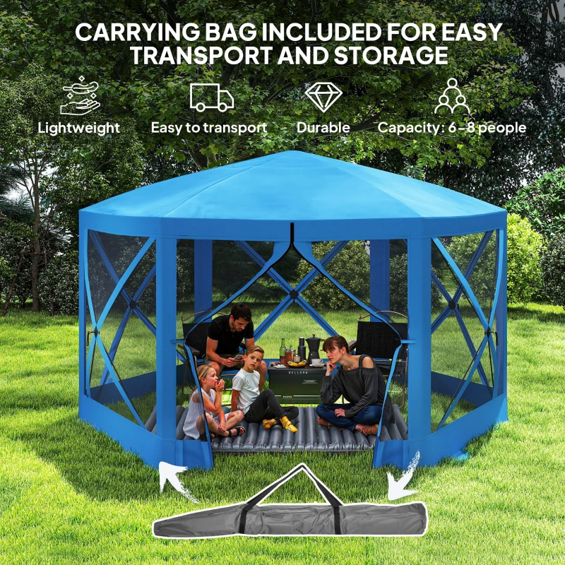 Outsunny 12' x 12' Hexagon Automatic Pop Up Screen Tents, Camping Shelter w/ Mesh Sidewalls and Carry Bag Blue
