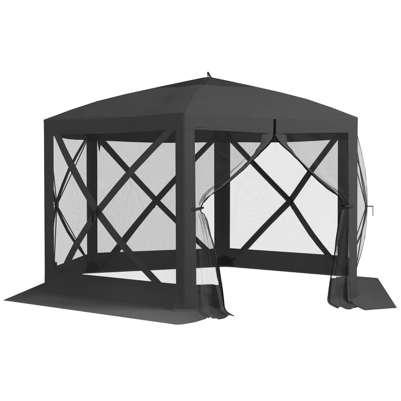 Outsunny 12' x 12' Hexagon Automatic Pop Up Screen Tents, Camping Shelter w/ Mesh Sidewalls and Carry Bag Black