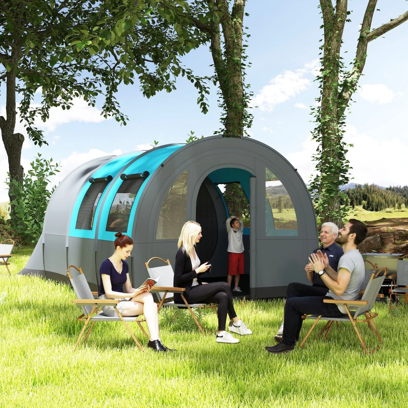 Outsunny 5-6 Person Camping Tent with Living Room and Bedroom, 3000mm Waterproof Tunnel Large Family Tent, Grey and Blue