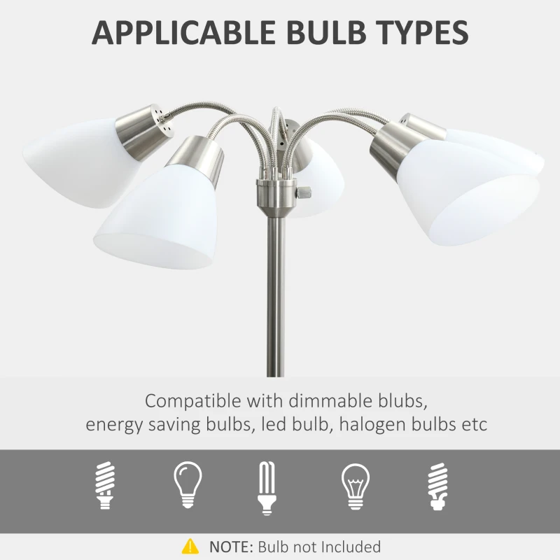 HOMCOM Arc Tree Floor Lamp with 5 Adjustable Rotating Lights, Modern Standing Gooseneck Reading Light for Living Room Bedroom Office, Satin Nickel