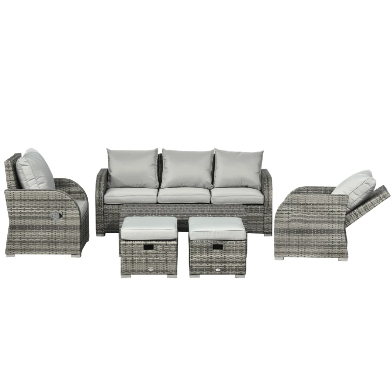 Outsunny 6 Pieces Patio Furniture Set, Conversation Set Wicker Sectional Set Cushioned Outdoor Rattan 3-Seat Sofa, 2 Adjustable Recliners, 2 Footstools & Table Set for Lawn Garden Backyard, Light Grey