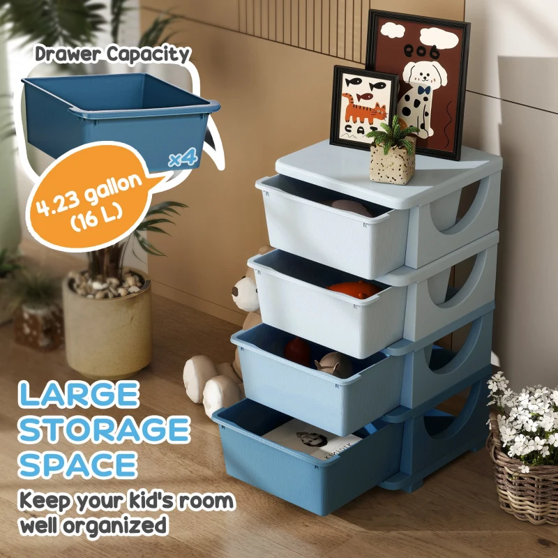 Qaba 4 Tier Kids Toy Organizer and Storage Bins with 4 Plastic Drawers, Blue