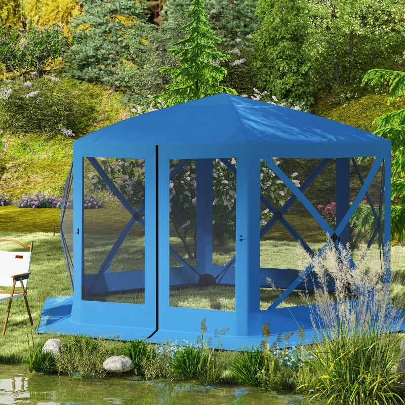 Outsunny 12' x 12' Hexagon Automatic Pop Up Screen Tents, Camping Shelter w/ Mesh Sidewalls and Carry Bag Blue