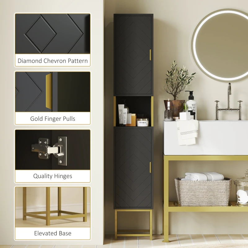 kleankin Tall Bathroom Storage Cabinet, Modern Narrow Bathroom Cabinet with Diamond Chevron Pattern and Adjustable Shelf, Black