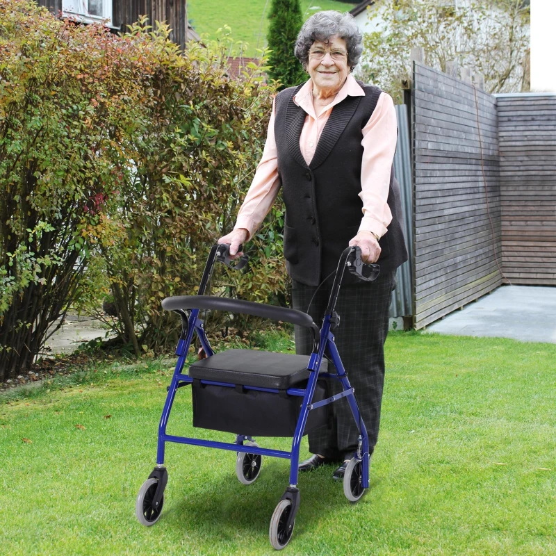 HOMCOM Folding Aluminum Rollator Walker with Adjustable Handle Height, Cushioned Flip Up Seat and Convenient Storage Bag, Rolling Wheels with 2 Barker, Blue