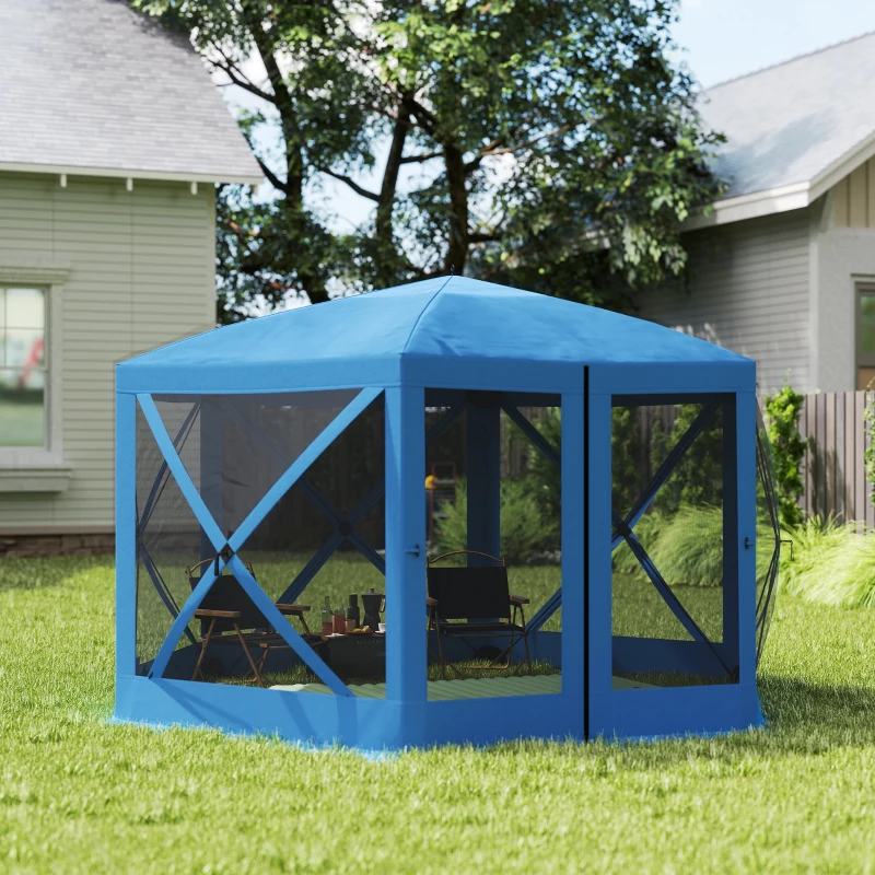 Outsunny 12' x 12' Hexagon Automatic Pop Up Screen Tents, Camping Shelter w/ Mesh Sidewalls and Carry Bag Blue