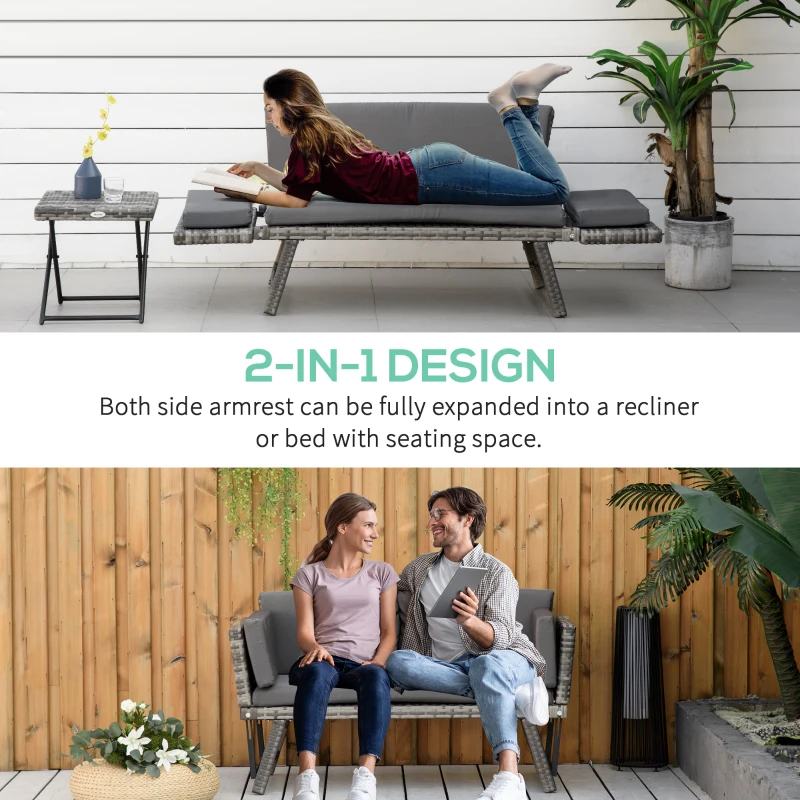 Outsunny Convertible Wicker Loveseat Grey Patio Chaise Lounge