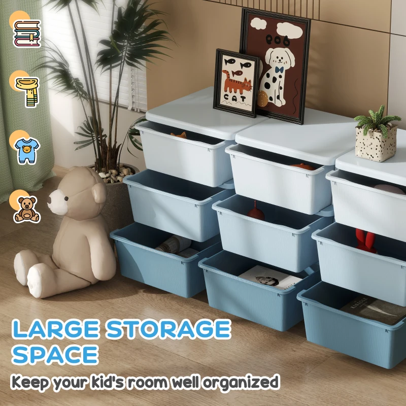 Qaba 3 Tier Kids Toy Organizer and Storage Bins with 9 Plastic Drawers, Blue