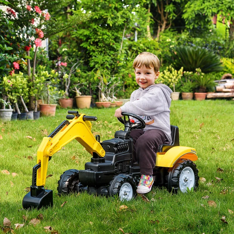 Aosom Kids Ride On Excavator, Pedal Digger, Construction Truck with Horn for Kids and Toddlers 3+, Yellow(m-2)
