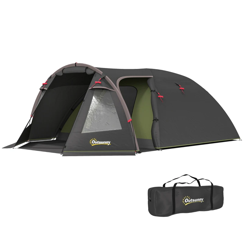 Outsunny 2-4 Man Camping Tent, 3000mm Waterproof Tunnel Tent with 2 Rooms, Sewn-in Groundsheet, 3 Doors and Hook