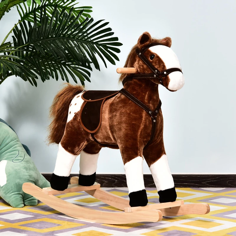 Qaba Kids Plush Toy Rocking Horse Pony Toddler Ride on Animal for Girls Pink Birthday Gifts with Realistic Sounds, Brown