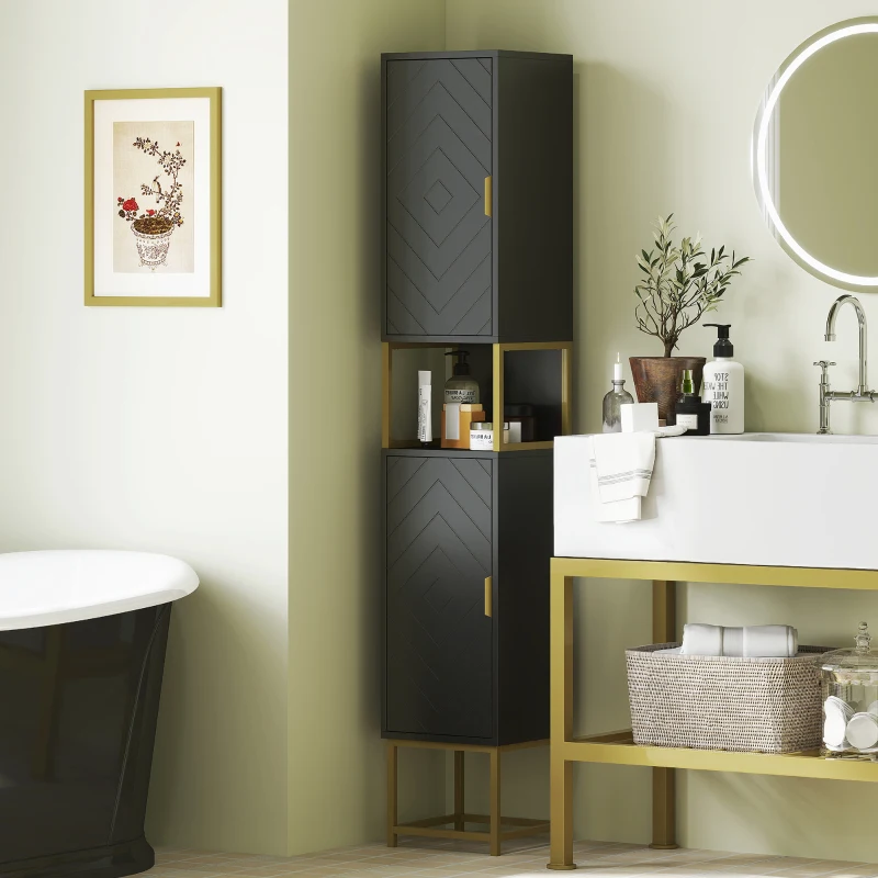 kleankin Tall Bathroom Storage Cabinet, Modern Narrow Bathroom Cabinet with Diamond Chevron Pattern and Adjustable Shelf, Black