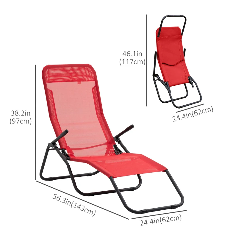 Outsunny Foldable Patio Lounge Chair, Outdoor Beach Lounger with Breathable Mesh Fabric, Zero Gravity Chair with Reclining, Footrests, and Armrests, for Garden, Pool, Red