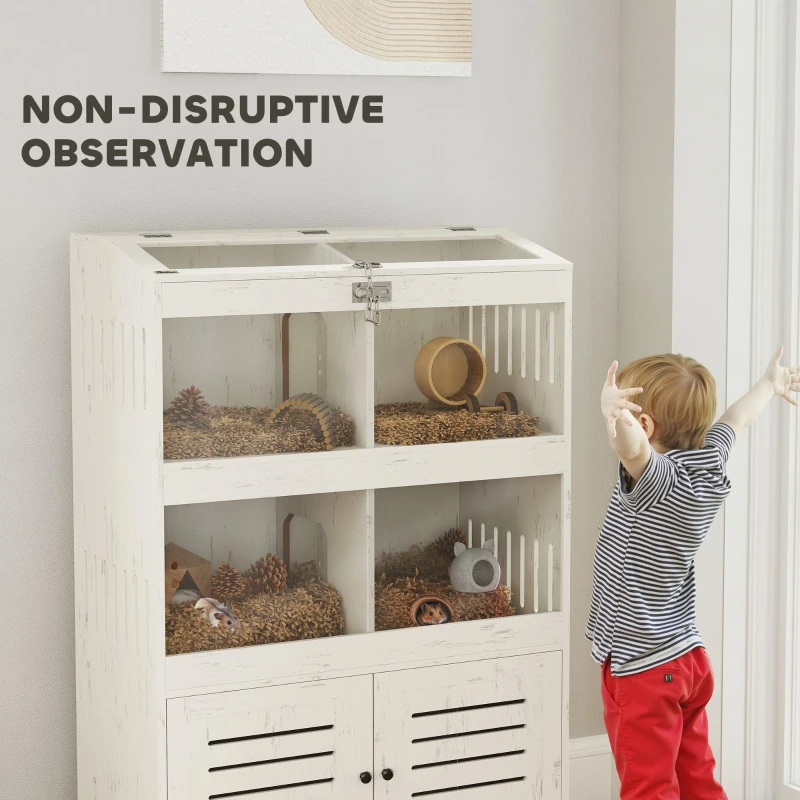 PawHut Large Hamster Cage for Multiple Small Pets, Rat Cage with Storage Cabinet, Clear Transparent Panels, Cream White