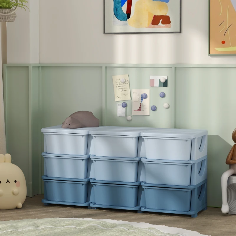Qaba 3 Tier Kids Toy Organizer and Storage Bins with 9 Plastic Drawers, Blue