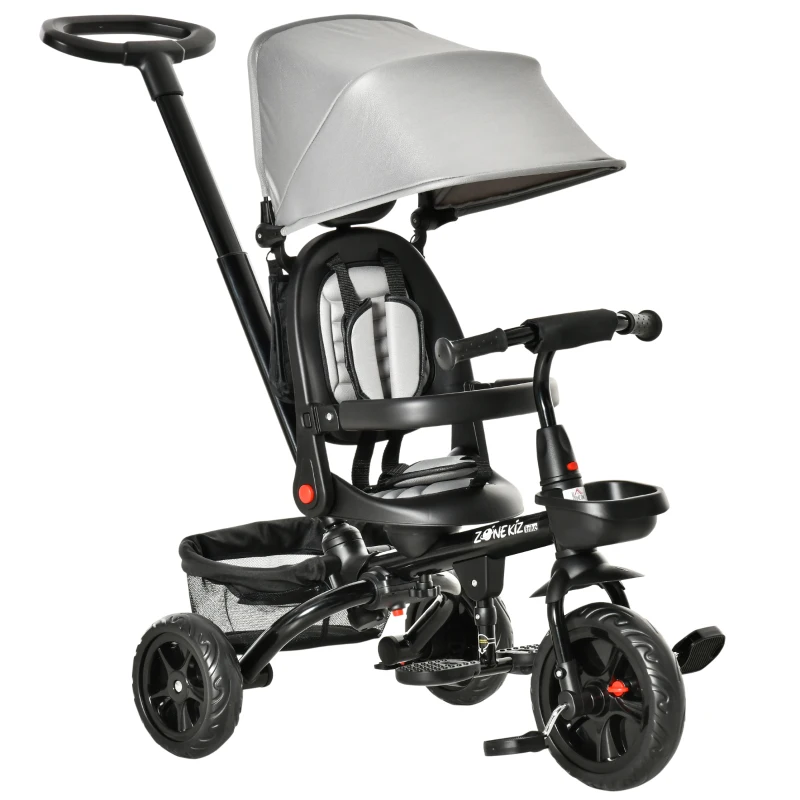 Qaba Kids Tricycle, 4 in 1 Foldable Trike with Reversible Seat, Adjustable Parent Handle, Safety Harness, Wheel Brakes, Removable Canopy, Storage, Tricycle for Toddlers 1-5 Years, Gray