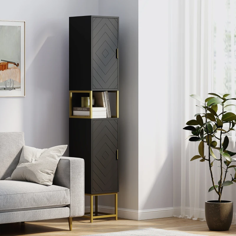 kleankin Tall Bathroom Storage Cabinet, Modern Narrow Bathroom Cabinet with Diamond Chevron Pattern and Adjustable Shelf, Black