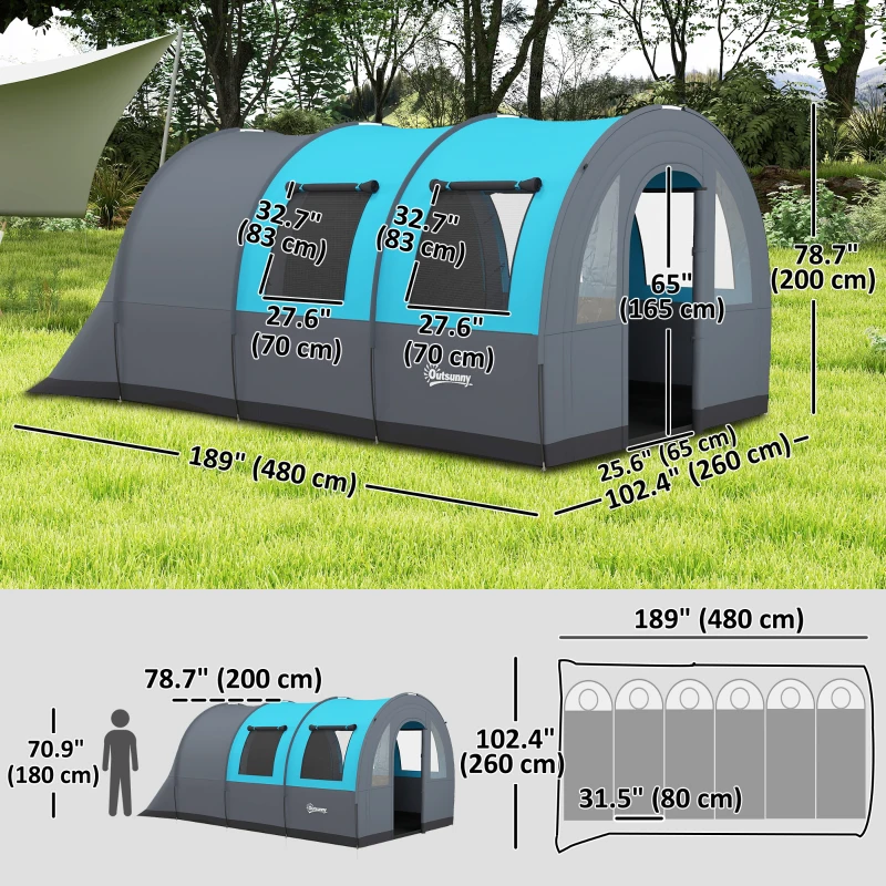 Outsunny 5-6 Person Camping Tent with Living Room and Bedroom, 3000mm Waterproof Tunnel Large Family Tent, Grey and Blue