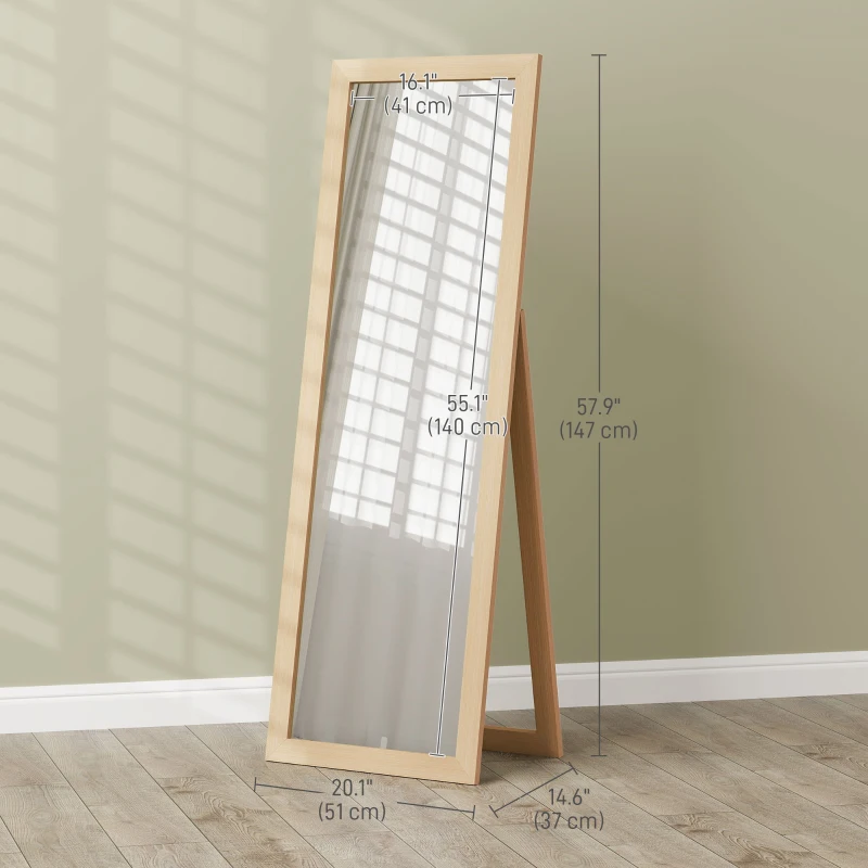 HOMCOM 58" x 20" Floor Standing Mirror, Full Body Mirror for Bedroom, Living Room, Oak