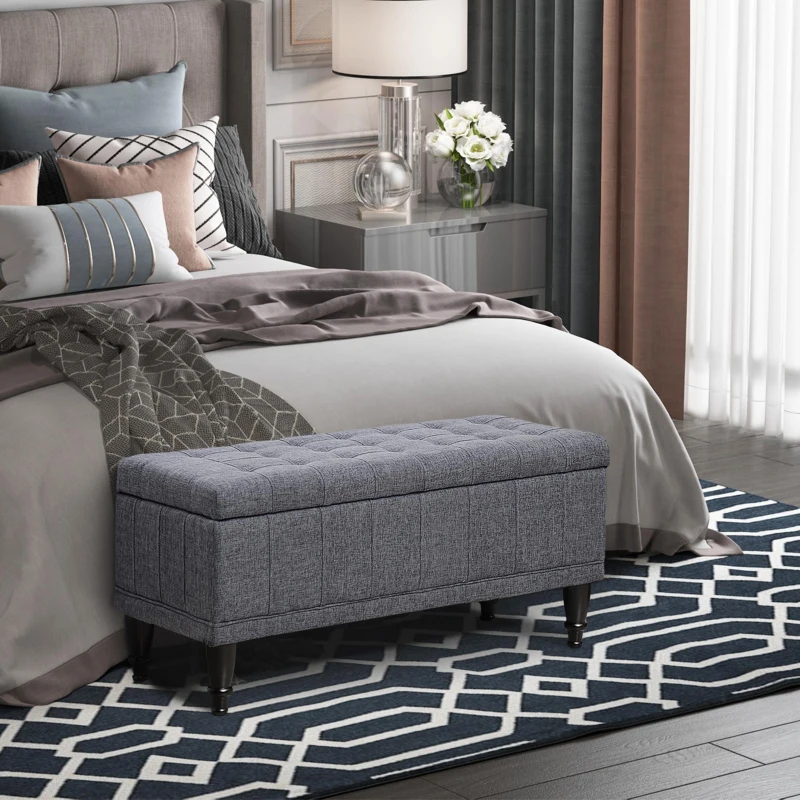 HOMCOM Storage Ottoman, Linen Fabric End of Bed Bench with Soft Close Lid, Button Tufted Storage Bench for Living Room, Entryway or Bedroom, 42" x 17" x 19", Grey