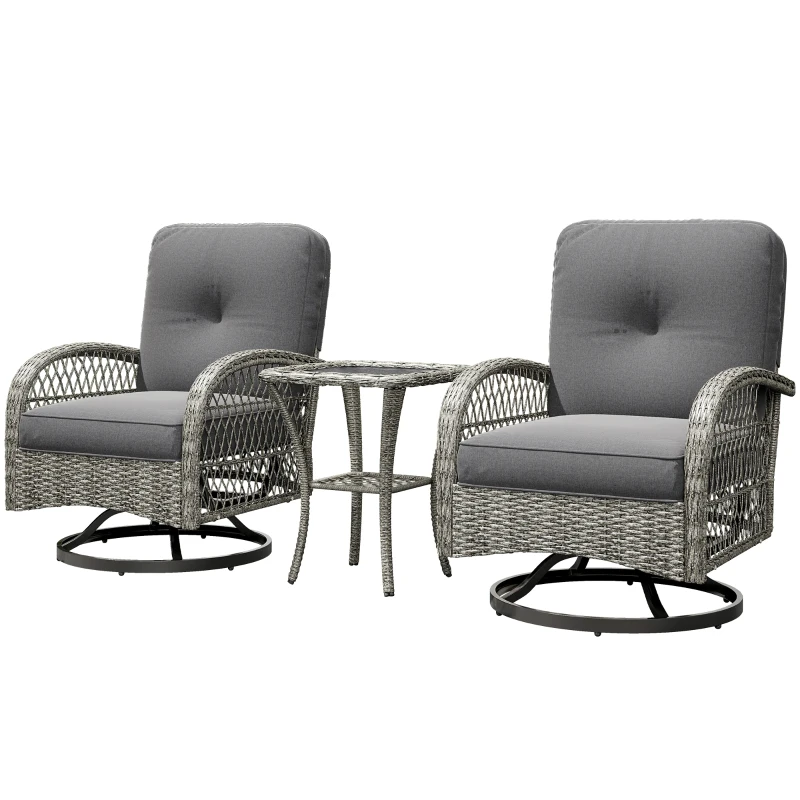 Outsunny Wicker Balcony Furniture with 2 Swivel Rocking Chairs and 2-Tier Glass Coffee Table, 3 Piece Patio Set for Porch, Grey