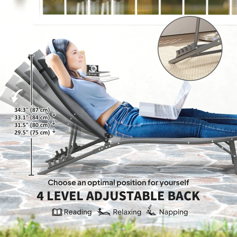Outsunny Folding Outdoor Chaise Lounge Chair Set of 2 with Adjustable Backrest, Headrest, Mesh Seat for Beach, Poolside, Grey