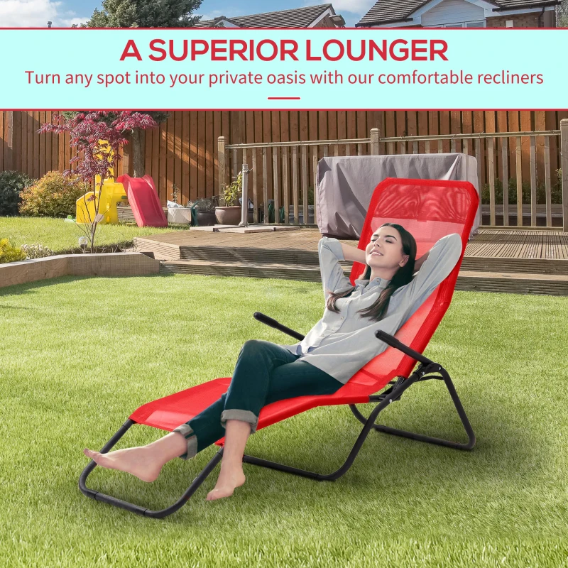 Outsunny Foldable Patio Lounge Chair, Outdoor Beach Lounger with Breathable Mesh Fabric, Zero Gravity Chair with Reclining, Footrests, and Armrests, for Garden, Pool, Red